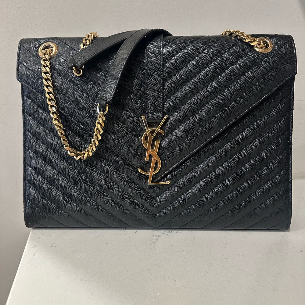 Yves Saint Laurent Black Quilted Shoulder Bag with Gold Chain Size LARGE
